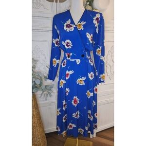 Liz Claiborne Vintage 80s Bright Blue Floral Midi Dress